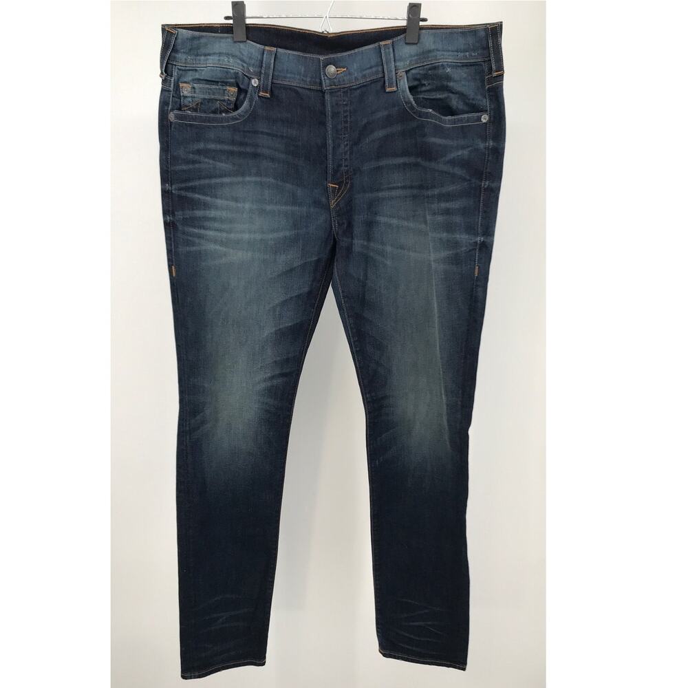 True Religion Mens Rocco Dark Wash Relaxed Skinny Button Fly Jeans 42